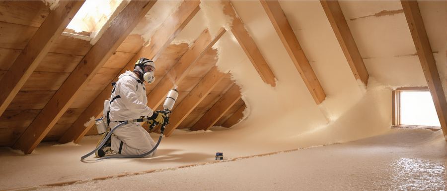 Spray foam insulation being applied to an attic space in Tulsa.